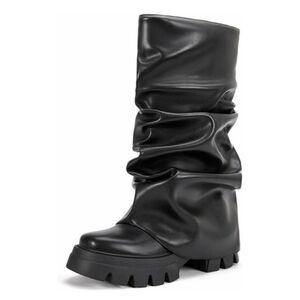 Women's Platform Heel Metallic Fold Over Pull On Shark Ruched Boots Size 8